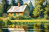 Impressionistic Landscape Art of a Tranquil Lakeside Cabin and Lush Vegetation