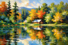 Impressionistic Landscape Art of a Tranquil Lakeside Cabin and Lush Vegetation