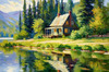 Impressionistic Landscape Art of a Tranquil Lakeside Cabin and Lush Vegetation