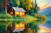 Impressionistic Landscape Art of a Tranquil Lakeside Cabin and Lush Vegetation