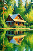 Impressionistic Landscape Art of a Tranquil Lakeside Cabin and Lush Vegetation