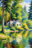 Impressionistic Landscape Art of a Tranquil Lakeside Cabin and Lush Vegetation