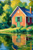 Impressionistic Landscape Art of a Tranquil Lakeside Cabin and Lush Vegetation