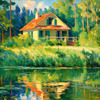 Impressionistic Landscape Art of a Tranquil Lakeside Cabin and Lush Vegetation