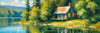 Impressionistic Landscape Art of a Tranquil Lakeside Cabin and Lush Vegetation