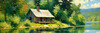 Impressionistic Landscape Art of a Tranquil Lakeside Cabin and Lush Vegetation