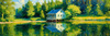Impressionistic Landscape Art of a Tranquil Lakeside Cabin and Lush Vegetation