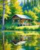 Impressionistic Landscape Art of a Tranquil Lakeside Cabin and Lush Vegetation