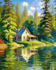 Impressionistic Landscape Art of a Tranquil Lakeside Cabin and Lush Vegetation