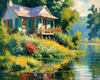 Impressionistic Landscape Art of a Tranquil Lakeside Cabin and Lush Vegetation