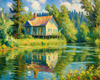 Impressionistic Landscape Art of a Tranquil Lakeside Cabin and Lush Vegetation