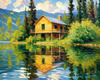 Impressionistic Landscape Art of a Tranquil Lakeside Cabin and Lush Vegetation