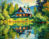 Impressionistic Landscape Art of a Tranquil Lakeside Cabin and Lush Vegetation
