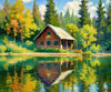 Impressionistic Landscape Art of a Tranquil Lakeside Cabin and Lush Vegetation