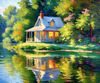 Impressionistic Landscape Art of a Tranquil Lakeside Cabin and Lush Vegetation