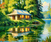 Impressionistic Landscape Art of a Tranquil Lakeside Cabin and Lush Vegetation