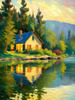 Impressionistic Landscape Art of a Tranquil Lakeside Cabin and Lush Vegetation