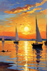 Impressionistic Painting of a Sunset with Sailboats on a Tranquil Beach