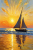 Impressionistic Painting of a Sunset with Sailboats on a Tranquil Beach