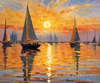 Impressionistic Painting of a Sunset with Sailboats on a Tranquil Beach