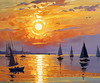 Impressionistic Painting of a Sunset with Sailboats on a Tranquil Beach