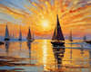 Impressionistic Painting of a Sunset with Sailboats on a Tranquil Beach
