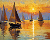 Impressionistic Painting of a Sunset with Sailboats on a Tranquil Beach