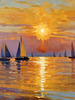 Impressionistic Painting of a Sunset with Sailboats on a Tranquil Beach