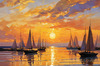 Impressionistic Painting of a Sunset with Sailboats on a Tranquil Beach