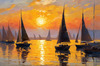 Impressionistic Painting of a Sunset with Sailboats on a Tranquil Beach