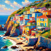 Impressionistic Art Print of Coastal Town with Cliffside Homes Overlooking the Sea