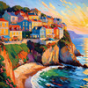 Impressionistic Art Print of Coastal Town with Cliffside Homes Overlooking the Sea