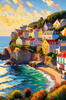 Impressionistic Art Print of Coastal Town with Cliffside Homes Overlooking the Sea
