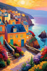 Impressionistic Art Print of Coastal Town with Cliffside Homes Overlooking the Sea