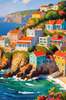 Impressionistic Art Print of Coastal Town with Cliffside Homes Overlooking the Sea