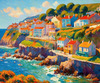 Impressionistic Art Print of Coastal Town with Cliffside Homes Overlooking the Sea