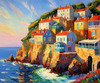Impressionistic Art Print of Coastal Town with Cliffside Homes Overlooking the Sea