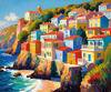 Impressionistic Art Print of Coastal Town with Cliffside Homes Overlooking the Sea