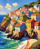 Impressionistic Art Print of Coastal Town with Cliffside Homes Overlooking the Sea