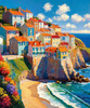 Impressionistic Art Print of Coastal Town with Cliffside Homes Overlooking the Sea