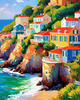 Impressionistic Art Print of Coastal Town with Cliffside Homes Overlooking the Sea