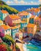 Impressionistic Art Print of Coastal Town with Cliffside Homes Overlooking the Sea