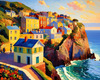 Impressionistic Art Print of Coastal Town with Cliffside Homes Overlooking the Sea