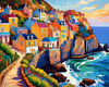 Impressionistic Art Print of Coastal Town with Cliffside Homes Overlooking the Sea