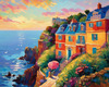 Impressionistic Art Print of Coastal Town with Cliffside Homes Overlooking the Sea