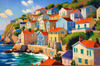 Impressionistic Art Print of Coastal Town with Cliffside Homes Overlooking the Sea