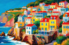Impressionistic Art Print of Coastal Town with Cliffside Homes Overlooking the Sea