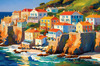 Impressionistic Art Print of Coastal Town with Cliffside Homes Overlooking the Sea
