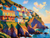 Impressionistic Art Print of Coastal Town with Cliffside Homes Overlooking the Sea