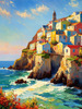 Impressionistic Art Print of Coastal Town with Cliffside Homes Overlooking the Sea